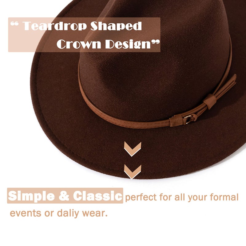 Lisianthus Men & Women Vintage Wide Brim Fedora Hat with Belt Buckle A-Coffee 59-60cm - Image 2